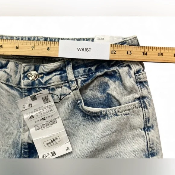 NWT ZARA Jeans Women Sz 6 High Rise Straight Leg Fringe Raw Hem Blue Denim Pants - Picture 4 of 9